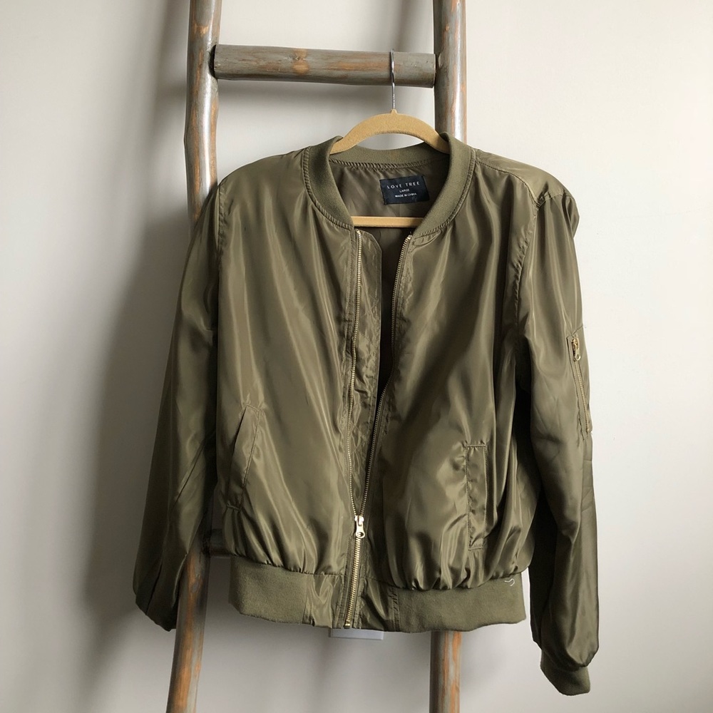 Love Tree Army Green Bomber Jacket